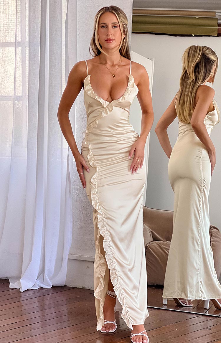 Nahanee Cream Satin Ruffle Maxi Dress