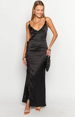 Nahanee Black Satin Ruffle Maxi Dress