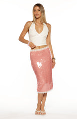 Petra Pink Sequin Lace Trim Midi Skirt
